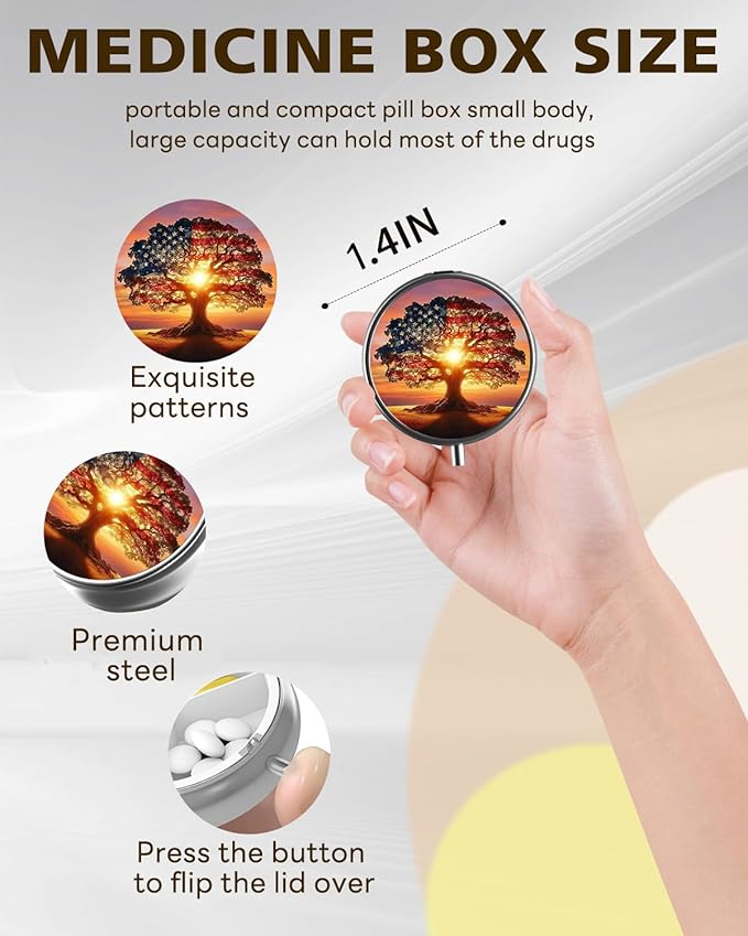 LRITER Pill Case, Portable Travel Pill Box, Pillbox Organizer, Cute Small Medicine Storage Container, Purse Accessories for Women, Men (American Tree)