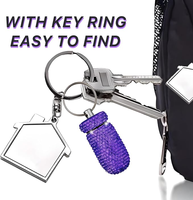 GOUWEIBA 2 Pieces Bling Pill Container Portable Pill Bottle Case Waterproof Travel Medicine Box Crystal Diamond Mini Pill Holder Storage with Keychain for Outdoor Camping Traveling (Yellow, Purple)