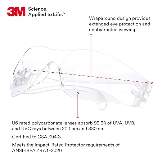 3M Safety Glasses, Virtua, Pack of 100, ANSI Z87, Unisex, Clear Hard Coat Lens, Clear Frame, Economical Eye Protection, Lightweight, Wraparound Coverage, UVA, UVB, UVC