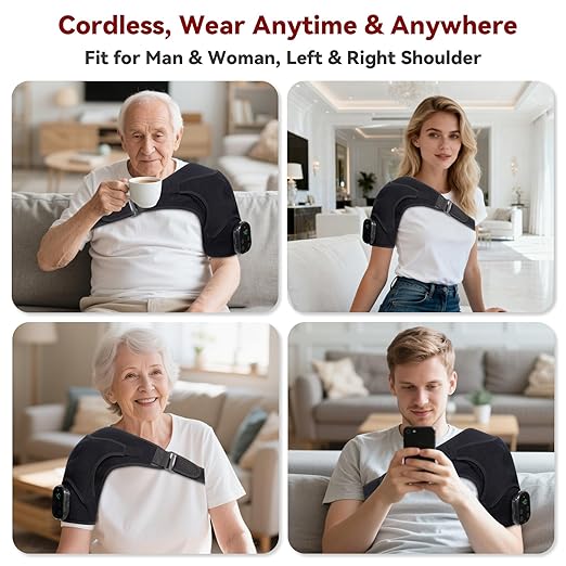 Cordless Shoulder Heating Pad with Massage, Red Light Massager for Soothe Discomfort, Heated Support Wrap for Muscle Comfort, Men & Women. (Black)