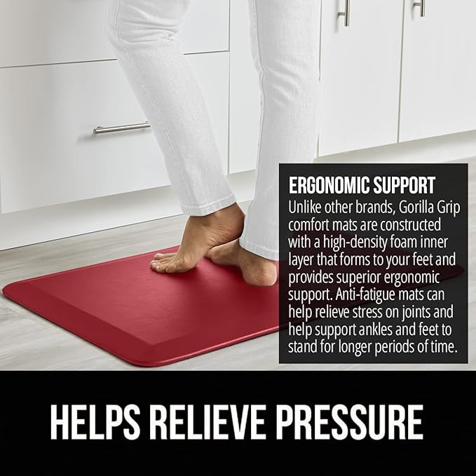 GORILLA GRIP Comfortable Cushioned Kitchen Mats for Floor, Waterproof and Stain Resistant Soft Top, 3/4 Inch Thick Ergonomic Standing Desk Anti Fatigue Mat, Foam Supports Ankles and Feet, 20x32, Red