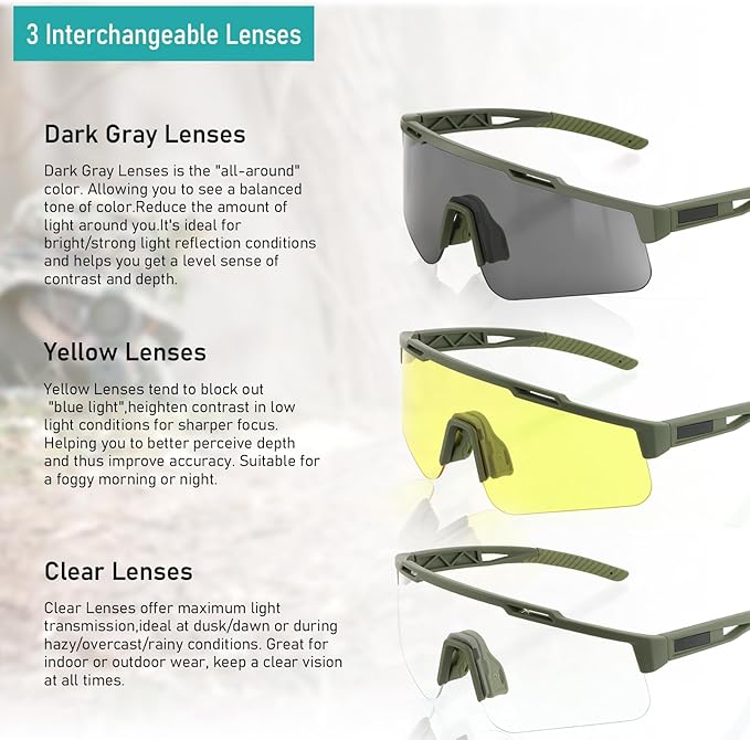 Tactical Eyewear Anti Fog, ANSI Z87.1 Sports Glasses with 3 Interchangeable Lens UV400 Protection Airsoft Goggle