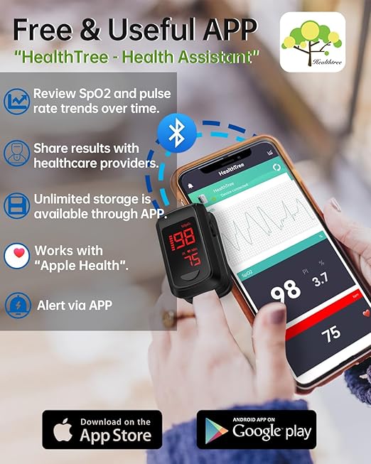 Fingertip Pulse Oximeter- HOLFENRY Pulse Oximeter Bluetooth Oximeter Oxygen Saturation Monitor for SpO2/Heart Rate/PI, with Auto Graph Display/Alarm/Dedicated App, Compatible with iOS&Android