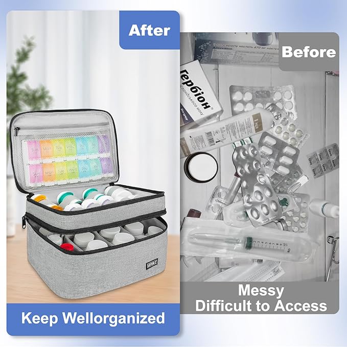 Medicine Storage Bag,Double Layers Pill Bottle Organizer Bag Empty with Lockable Zipper&Adjustable Divider,Medication Travel Carrying Bag for Pills,Vitamins,Medical Supplies,Grey