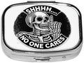 ABLESKY Pill Box, 2 Compartment Pill Organizer Case for Pocket or Purse, Small Portable Metal Travel Medicine Box with Mirror, Daily Vitamins Fish Oil Container-Funny Skull No One Cares