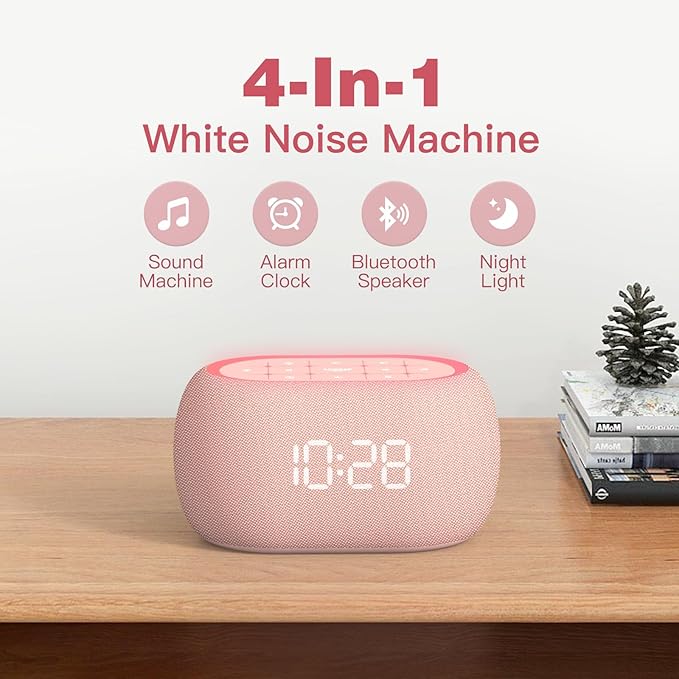 ANJANK White Noise Sound Machine Alarm Clock with Bluetooth Speaker, Hi-Fi Stereo Sound, 21 Soothing Sounds/7 Night Lights, 0-100% Dimmer/Sleep Timer, Soother for Teens Kids Girls, Bedroom, Pink