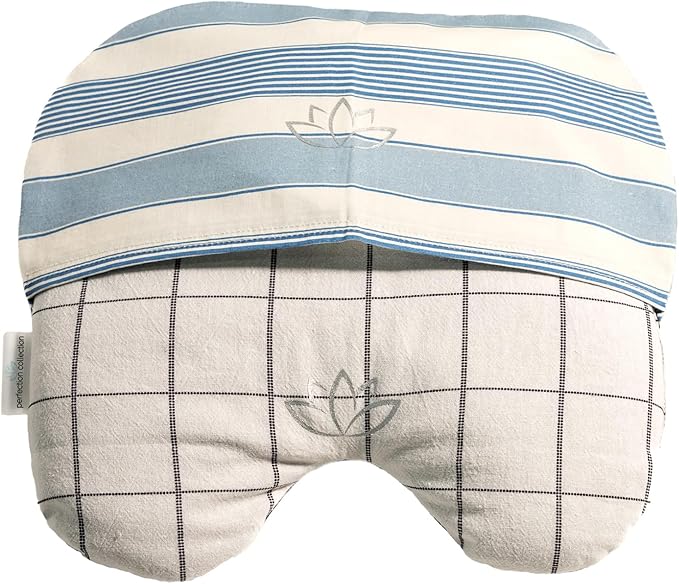 Migraine Relief Eye Pillow Masks with Bonus Washable Cover: Flaxseed Filled for Hot and Cold Pain Relief Therapy (Adult, White and Black, Blue and Ivory Stripe)