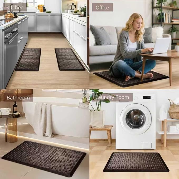 2PCS UKISS Kitchen Rugs, Cushioned Anti Fatigue Kitchen Mats for Floor, Waterproof Kitchen Rug，Non-Slip Comfort Standing Mat for Kitchen (Brown, 17.3"x28"+17.3"x28")