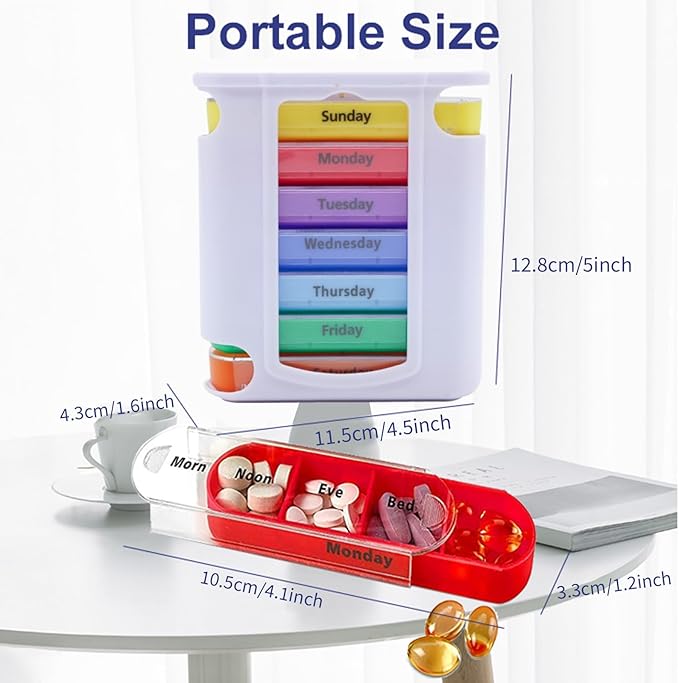 Weekly Stackable Pill Organizer, 4 Times A Day Pill Organizer Box Morning, Noon, Evening, and Bedtime,7 Stackable Compartments，White casing