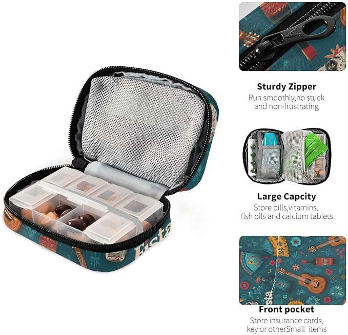 Green Fiesta Skulls Guitars Flowers Travel Pill Organizer Case Box Container Weekly Portable Vitamin Medicine Holder Storage Bag with Zipper Removable