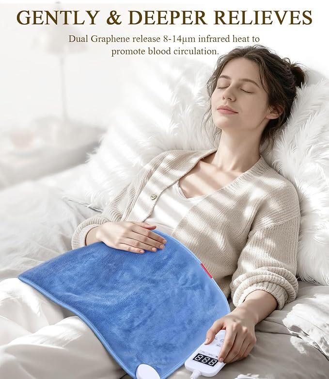Far Infrared Heating Pad: 2X Graphene and Soft Plush for Back Pain - Extra Hot Electric Pad for Grandparents Max 158℉ - 12" x 24" 8 Heat Settings & 4H Auto Off Machine Washable