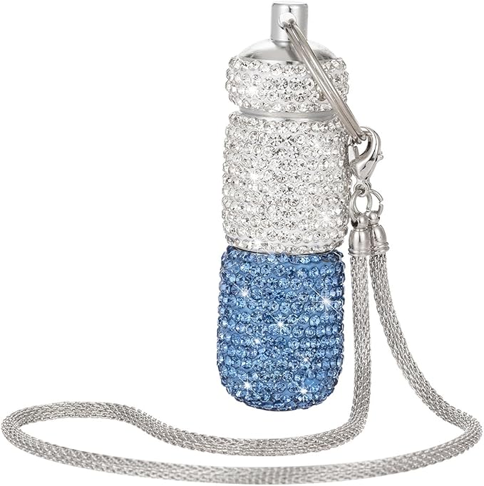 Dual-Compartment Small Pill Holder Keychain Bling Pill Container with Key Chain Travel Pill Organizer Medicine Box for Women (White+Blue)