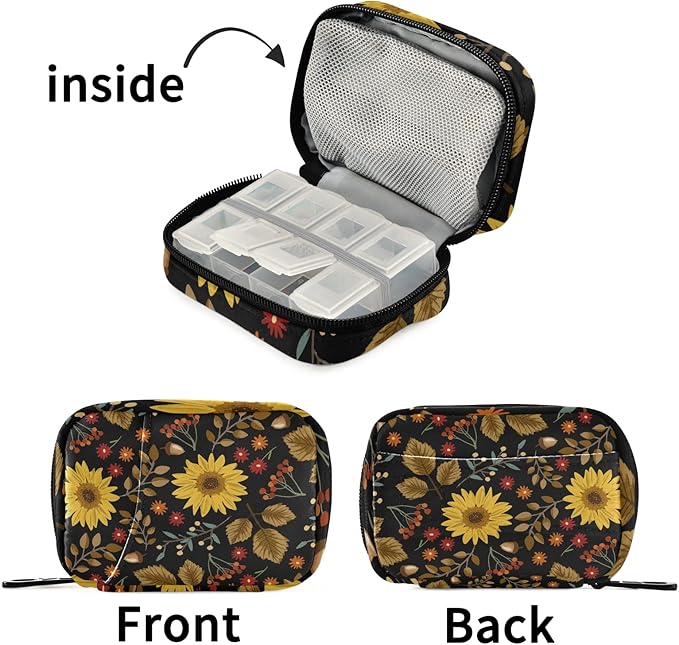 xigua Sunflower Pill Case 7-Day Travel Pill Organizer Box with Zipper Closure for Vitamins, Medication and Supplements