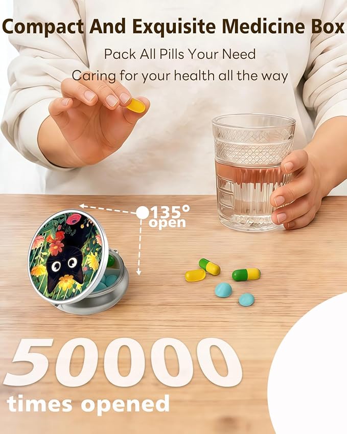 LRITER Pill Case, Portable Travel Pill Box, Pillbox Organizer, Cute Small Medicine Storage Container, Purse Accessories for Women, Men (Cute Cat)