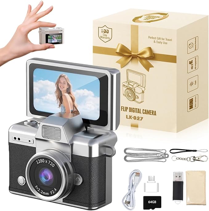 Vintage Mini Digital Camera Retro Mini Digital Video Keychain Camera Small Bodycam 1080P HD 0.96" IPS Screen Type-C 64G Card Included Portable for Photography Enthusiasts Travel (Black)