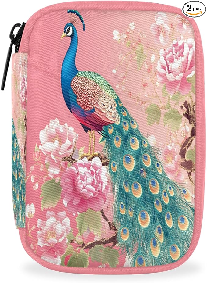 Pink Flower Peacock Pill Case Travel Pill Organizer Weekly 7 Day Portable with Zipper Medicine Box Pill Case for Vitamins, Birth Control,Fish Oils,Medication, Supplements