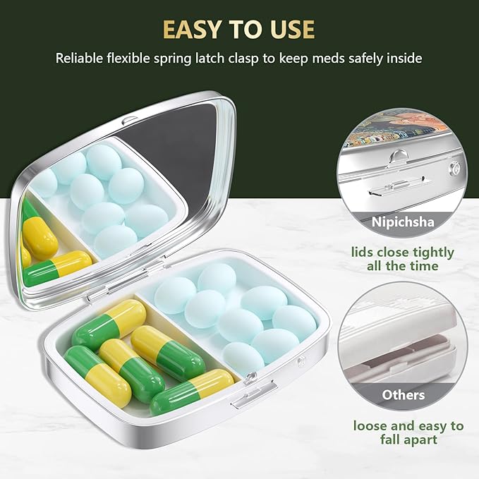Nipichsha Pill Box, Small Pill Case for Purse & Pocket, Cute Travel Medicine Organizer, Portable Medicine Container Holder to Hold Vitamins, Medication, Fish Oil & Supplements, Mandala