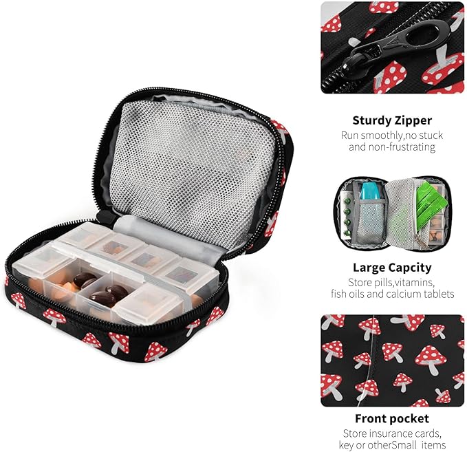 Cute Mushroom Pill Case, Portable Weekly Pill Box Bag Container 7 Days Pill Organizer Vitamin Supplement Holder with Zipper for Travel Family Business