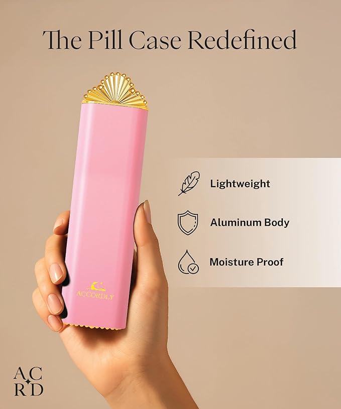 7 Day Metal Pill Organizer, Luxury Pill Compact, Travel Pill Case for Purse, Elegant Fancy Gold Pill Case for Vitamins, Medicine, Supplements, Luxury Wellness Gift - Pink