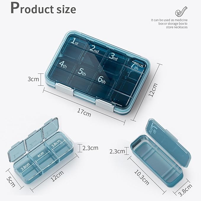 Catekro Weekly Pill Organizer 1 Times a Day, Travel Pill Box 7 Day, Free Portable Easy to Clean, Portable Travel Pill Case for Medication, Vitamins, Fish Oils, Supplements (Blue)
