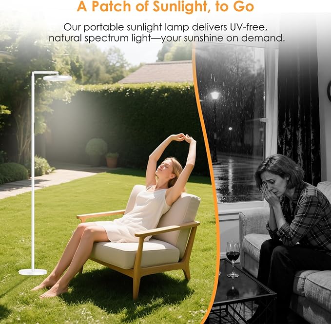 Sun Lamp for Happy 12000 Lux, Sunlight Lamp Full Spectrum, Sun Light lamp with 10 Brightness Levels 5 Color Modes, Adjustable Height, Remote & Timer for Reading, Office