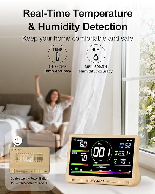 16-in-1 Air Quality Monitor Indoor, 7' Smart Large Display 9 AQI+7 Alarm Alerts, Real Time CO2, Formaldehyde, TVOC, PM2.5, PM10, Temperature & Humidity Portable Battery Powered Tester for Home, Office