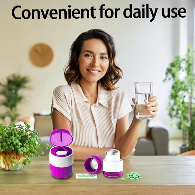 Pill Cutter Splitter for Small and Tiny Pills Vitamins Tablets, Built-in Storage Compartment, Pill Crusher Fine Powder with Stainless Steel Grinding Head,Pills Grinder with Pill Box Organizer (Purple)