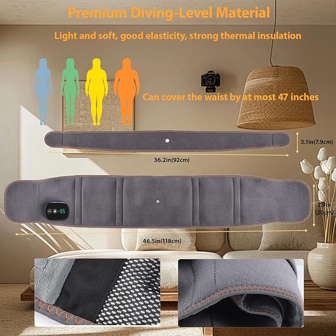 Electric Heating Pad with Massage, 3-Level Heating & Vibration for Lumbar Massager, 5000mAh Rechargeable, LED Controller, Portable Heating Pad for Lower Back Pain Relief, Gray