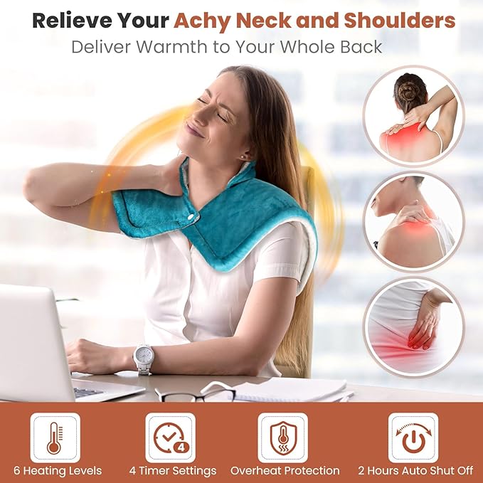 Heating Pad for Neck and Shoulders and Back, Electric Weighted Heat Pad for Pain Relief, 6 Heat Settings & Auto Shut Off Heated Wrap, Machine Washable Ultra Soft Fabric, Gifts for Women, Men, Mom, Dad