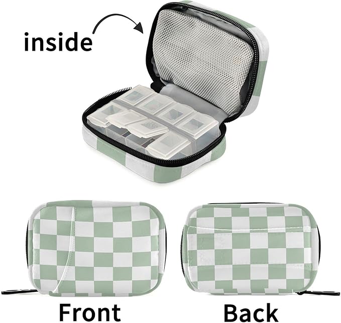 Checkered Green and White Travel Pill Organizer Weekly Small (Cute) Pill Box 7 Day Pill Case Vitamin Holder Pill Bottle Organizer