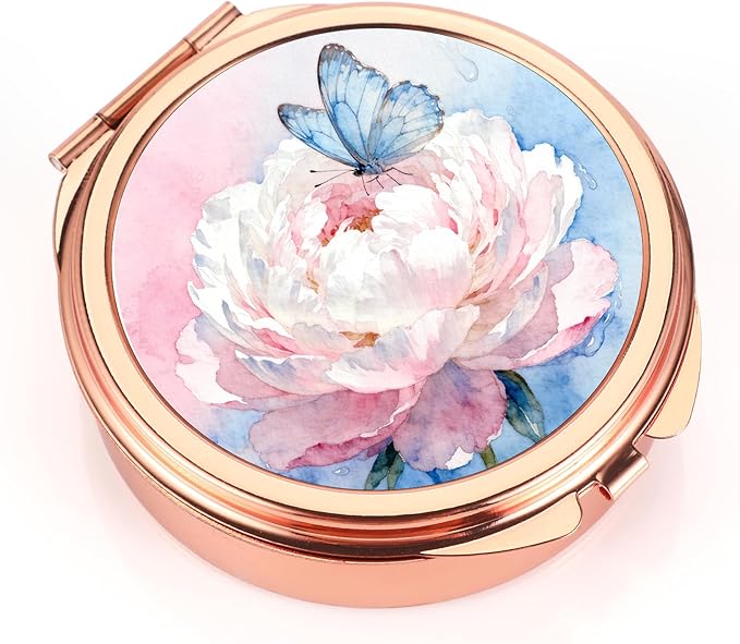 Dynippy Pill Case Pill Box with Mirror Pocket 3 Compartment Medicine Case Vitamin Pill Organizer for Pocket Purse and Travel (Round, Rose Gold-Peony Butterfly)