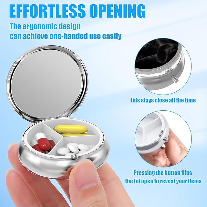 Pill Box, 3 Compartments Small Pill Case Travel Portable Metal Medicine Box with Mirror Mini Container for Purse Pocket Women Men(Black Cat)
