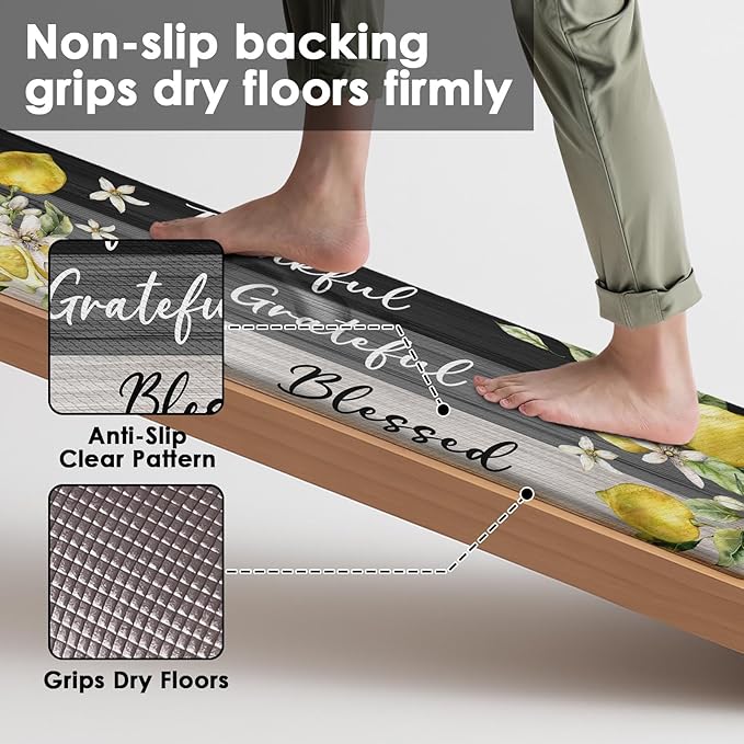 Arttown Yellow Lemon Anti-Fatigue Kitchen Rug Set of 2 Grey Black Farmhouse Vintage Wooden Cushioned Floor Standing Mat Waterproof Non-Slip Kitchen Mat and PVC Ergonomic Comfort Foam Rug