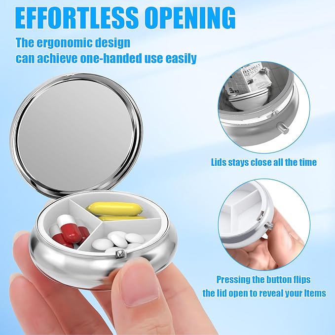 Highland Cow Pill Case, Pill Box 3 Compartments Metal Small Pill Holder with Mirror Mini Travel Pill Container for Purse Pocket Women Men