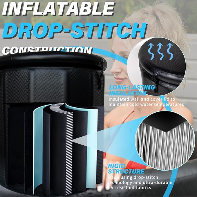 Inflatable Ice Bath Tub for Athletes - Cold Plunge Tub Compatible Water Chiller, Insulated Lid, EVA Groundsheet, Backpack, 187 Gallon, 39" L x 39" W x 35.4" H