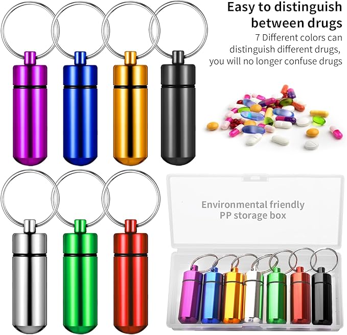 Small Portable Pill Case with Keychain(7 Pack), Waterproof Aluminum Pill Organizer Metal Mini Box Pocket Drug Storage Container Trip Plastic Storage Box