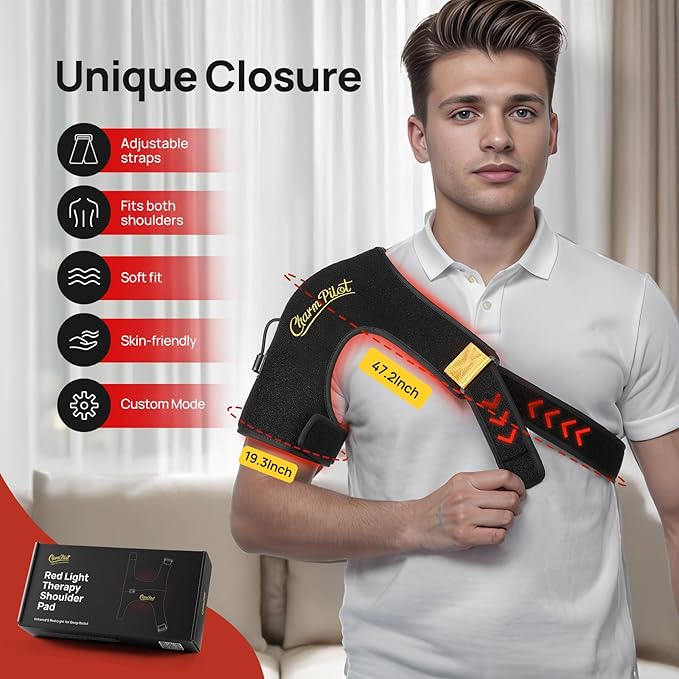 Red Light Therapy for Shoulder Pad — 86 LEDs, 660 nm + 850 nm, Adjustable Wrap with Smart Remote, 5 Power Levels, 10–90 Min Timer, Left or Right Shoulder