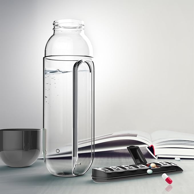 Asobu Combine Daily Pill Box Organizer with Water Bottle, 20 oz, Black (Black)