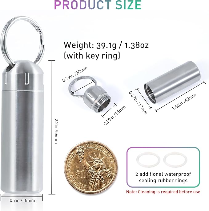 VTAR Pill Organizers, Waterproof Single Chamber Stainless Steel Travel Small Pill Box, Keychain Pill Holder Container for Purse or Pocket (Silver)