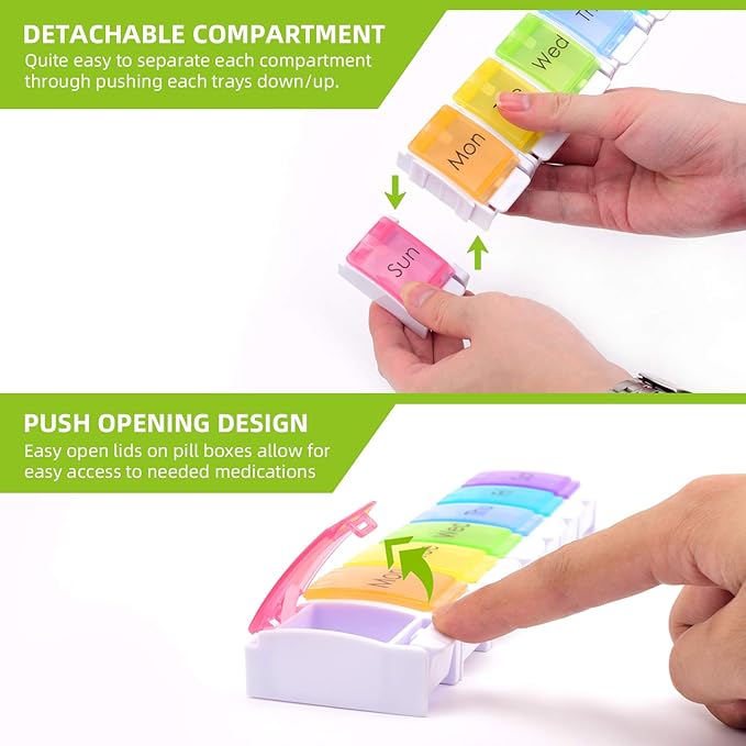 Detachable Pill Organizer,Weekly Pill Box 1 Time a Day,Large Daily Pill Case for Pills/Vitamin/Fish Oil/Supplements(Rainbow)