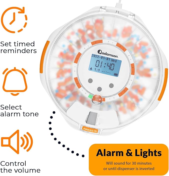 Adamson TimelyMed Smart Pill Dispenser with Alarm - WiFi App Monitoring - 28-Day Automatic Medicine Dispenser for Elderly & Alzheimer’s Care - Lock Key - New Version