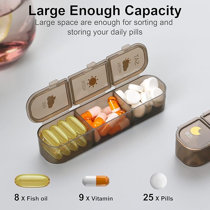 Pill Organizer 3 Times A Day, Pill Box 7 Day - Acedada Weekly Travel Medicine Organizer Box 3X A Day, Large Pill Container Holder Vitamins Case Pill Dispenser, Brown