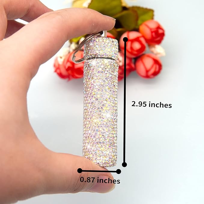 Yuchew Bling Pill Case Pill Container Rhinestone Pill Box Portable Waterproof Pocket Pill Holder Bottle Storage with Keychain for Travel, Outdoor, Camping (AB Color)