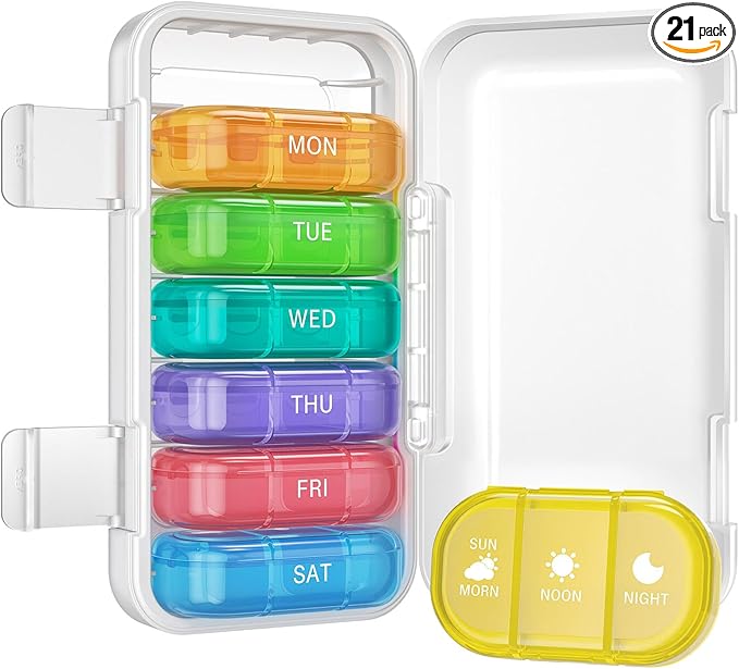Vikie Weekly Pill Organizer 3 Times a Day with Morn NOON Night Sections, BPA-Free, Portable & Moisture-Proof for Pills, Vitamins, Supplements (3x7 Transparent + Rainbow)
