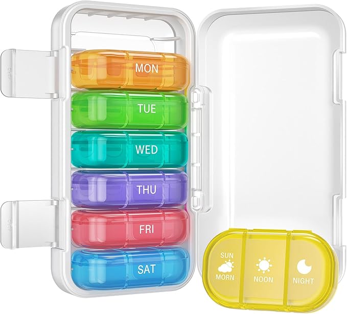 Vikie Weekly Pill Organizer 3 Times a Day with Morn NOON Night Sections, BPA-Free, Portable & Moisture-Proof for Pills, Vitamins, Supplements (3x7 Transparent + Rainbow)