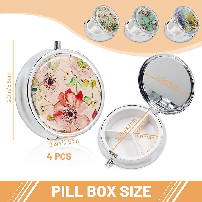 4 Pack Elegant Small Pill Box, 3 Compartments Pill Case for Purse Pocket with Mirror, Metal Travel Portable Medicine Tablet Vitamin Holder Organizer Container, Style A