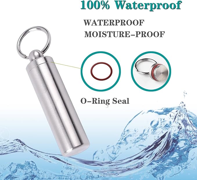 Pill Holder Keychain,Portable Waterproof Single Chamber Stainless Steel Pill Container,Small Pill Box Case for Outdoor Travel Camping - 2 Pack