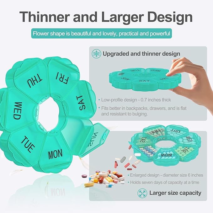 𝐖𝐞𝐞𝐤𝐥𝐲 𝐏𝐢𝐥𝐥 𝐎𝐫𝐠𝐚𝐧𝐢𝐳𝐞𝐫, Thinned and Enlarged 7 Day Pill Organizer, Cute Daily Pill Box with Large Compartment for Travel, Pill Container for Medication, Vitamin, Supplements(Green)