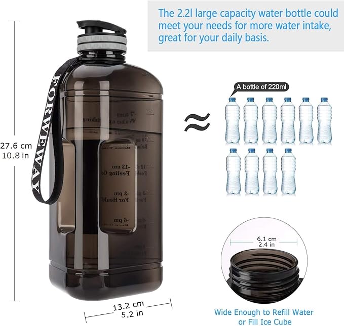 Half Gallon Water Bottle with Handle 2.2L/74OZ Large Plastic Water Bottles BPA Free Water Bottles with Strap Portable with Time Marker for Camping, Hiking and Home Activity