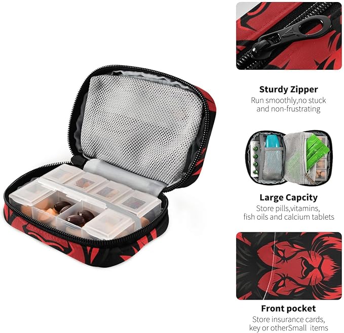 Red Lion Head Travel Pill Organizer Weekly Small (Cute) Pill Box 7 Day Pill Case Vitamin Holder Pill Bottle Organizer